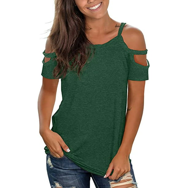 Womens Cold Shoulder Plain Crew Neck Cut Out Tops T Shirt Casual Blouse Pullover